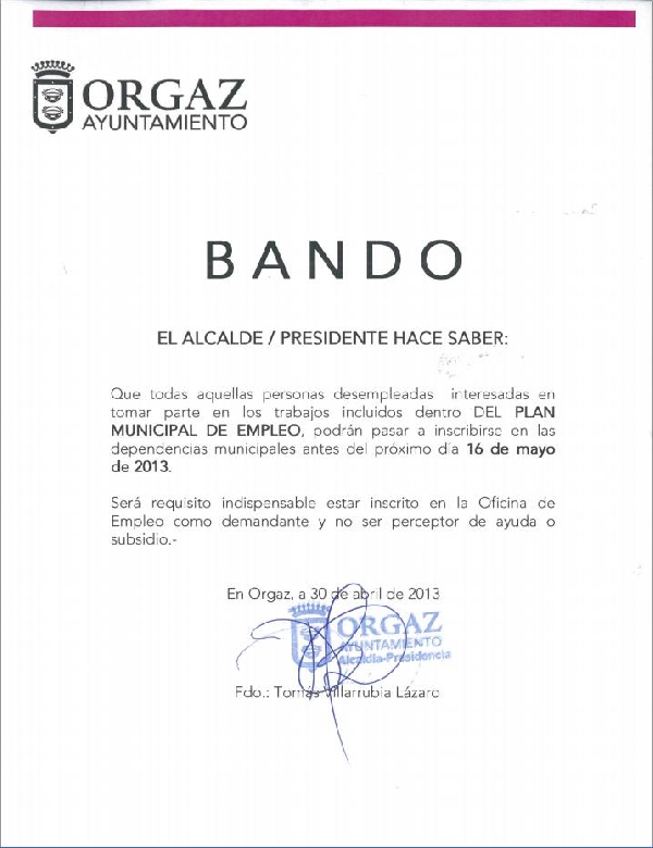BANDO PLAN DE EMPLEO MUNICIPAL 2013