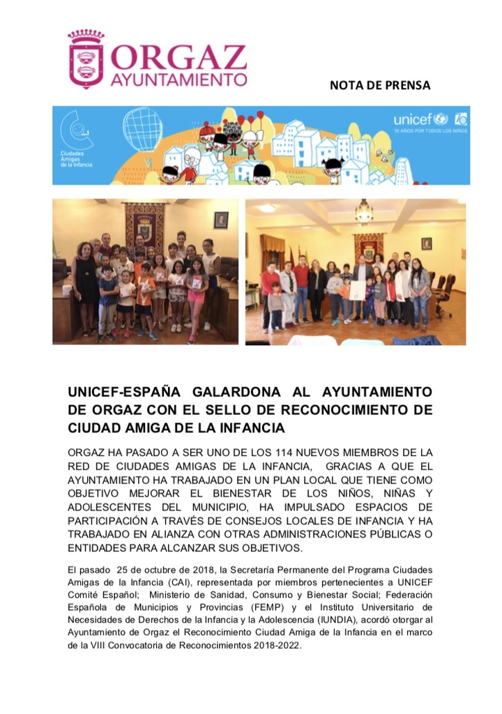Unicef España galardona al Ayuntamiento de Orgaz con el Sello de reconocimiento de Ciudad Amiga de la Infancia 