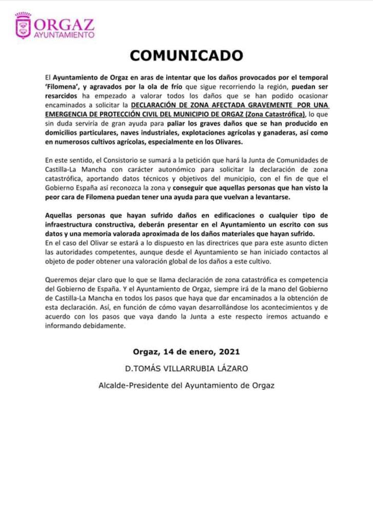 SOLICITUD DECLARACIÓN DE ZONA AFECTADA GRAVEMENTE POR UNA EMERGENCIA DE PROTECCIÓN CIVIL DEL MUNICIPIO DE ORGAZ 