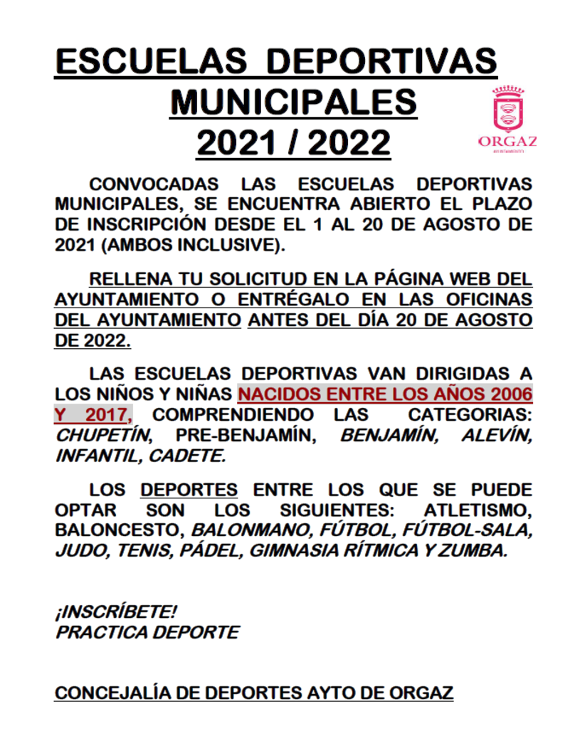 Inscripción Escuelas Deportivas Municipales 2021/2022