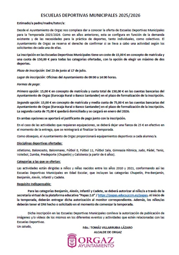 INSCRIPCIÓN ESCUELAS DEPORTIVAS CURSO 25-26