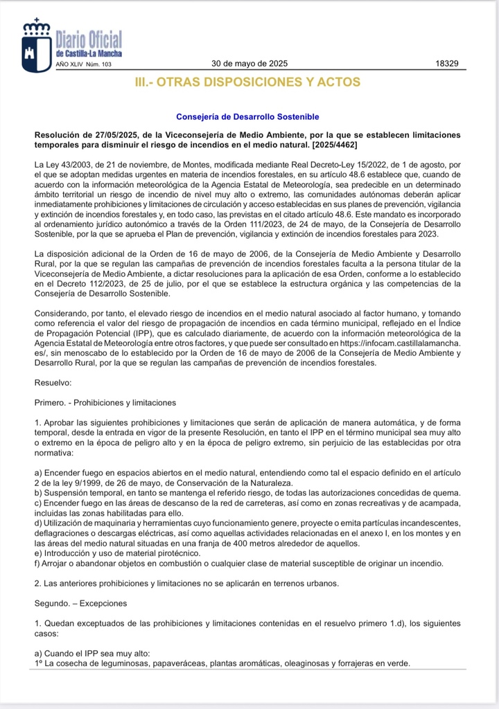 LIMITACIONES TEMPORALES POR RIESGO DE INCENDIOS